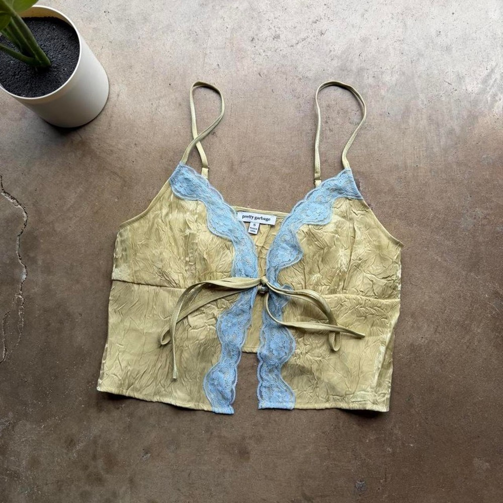 Y2K 2000s green & blue lace crop top with tie front detail size small